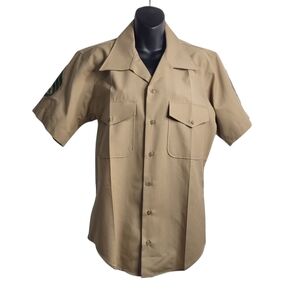 Vtg USMC US Marine Corps Military Army Khaki Chino Button Collar Shirt Size M